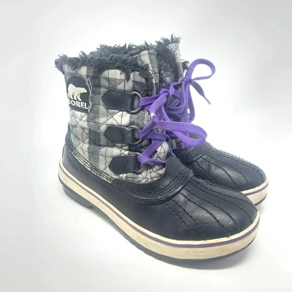 Sorel Tivoli II Leather Plaid Lace-Up Snow Boots‎ Black Gray Purple Size US 5